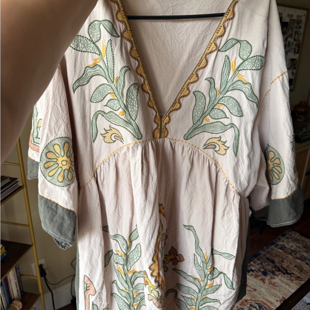 Amazon Women's Dress with Green and Yellow Floral Embroidery